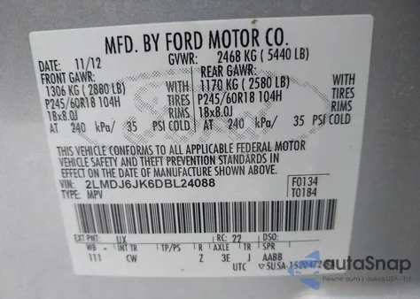 2013 Lincoln Mkx from USA, damaged, VIN 2LMDJ6JK6DBL24088